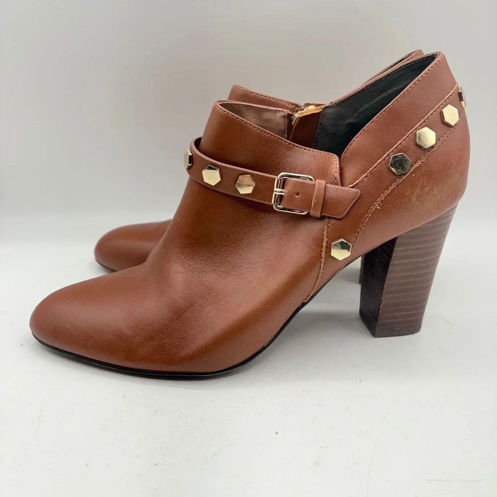 Isola Tan Leather Studded Ankle Booties Gold Hexagon Studs Block Heel Cognac 9.5